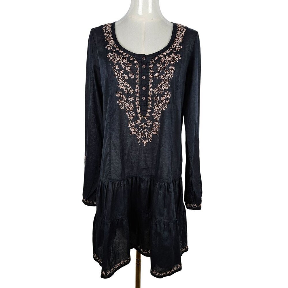 Lucky Brand Black Embroidered Tunic Dress Medium Cotton Whimsigoth Boho Cottage
